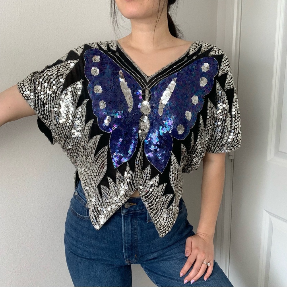 VINTAGE Silk Sequin Butterfly Blouse